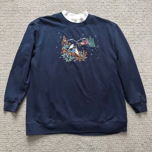 Vintage Bobbie Brooks Navy Blue Bird Scene Mock Neck Sweatshirt Women's Size L